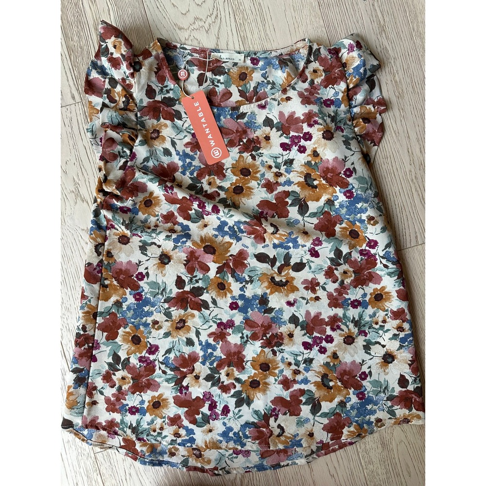 Les Amis Floral Ruffle Cap Sleeve Blouse Top XS Rust Mustard Blue NWT